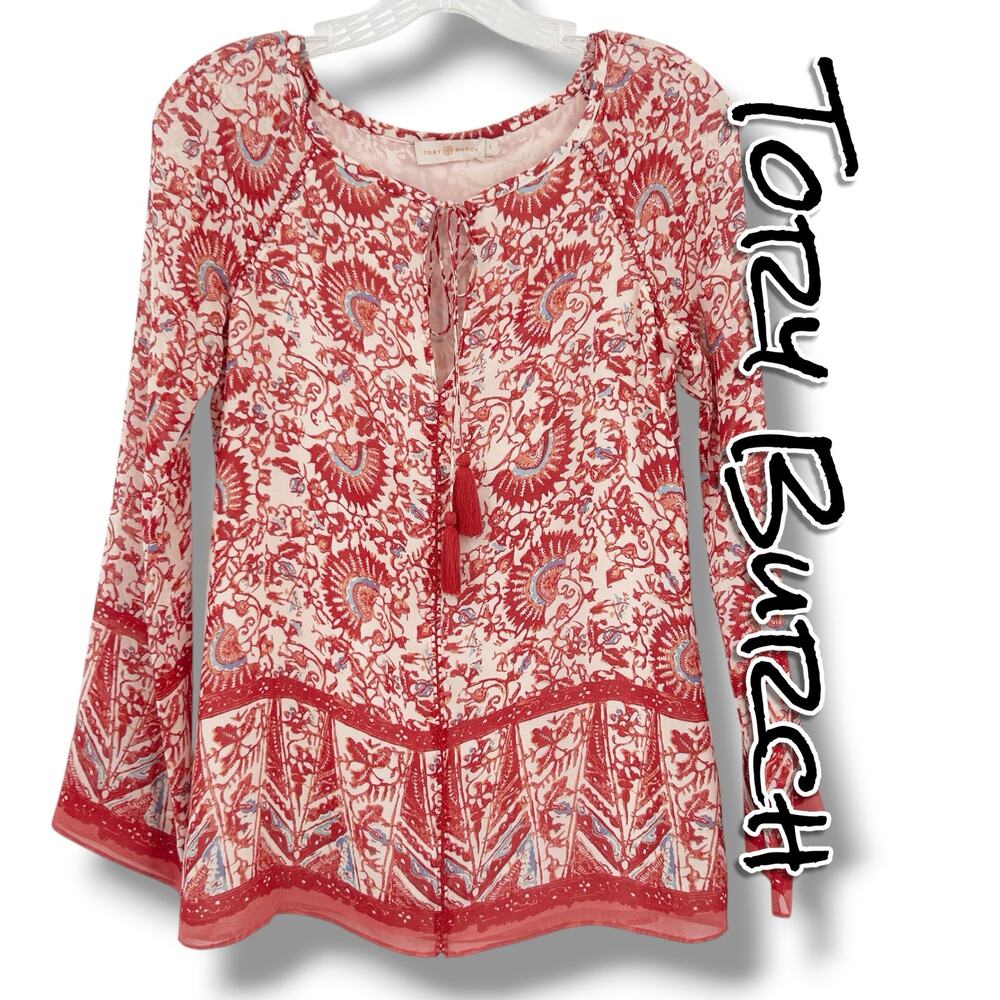 Tory Burch Danika Silk Tunic Blouse 0 Red Paisley Boho Tassel Tie Designer Luxe